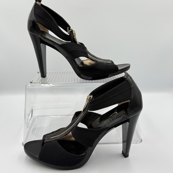 Michael Kors Heels Berkeley Zip Front Cage Strappy Black Patent Leather Sz 7.5 M - Picture 1 of 7